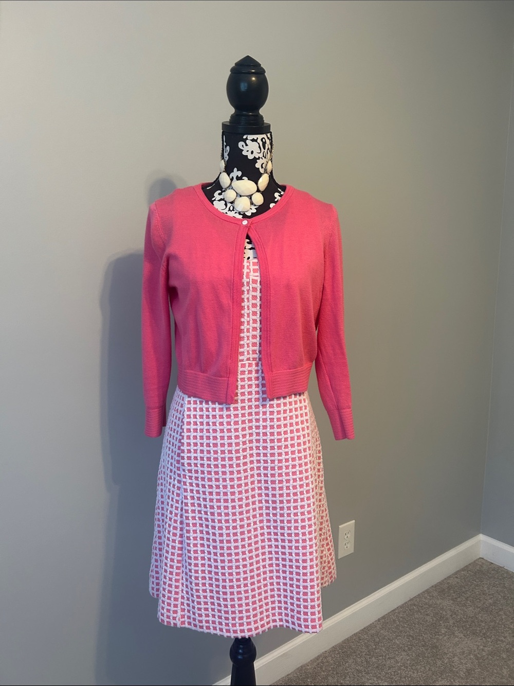 Tyler Boe Pink and White Check V-Neck shift Dress with matching sweater